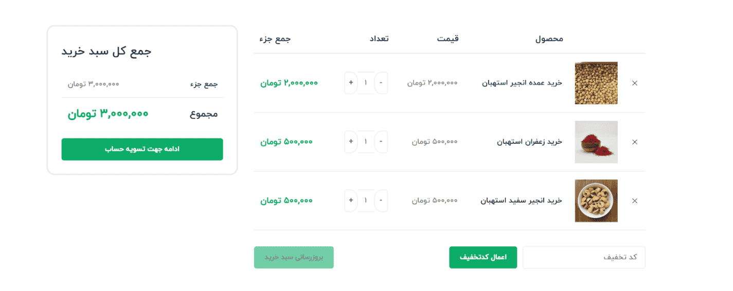 سبد خرید تسویه حساب با جزئیات طراحی سایت فروشگاهی آجیل و خشکبار با خرید عمده انجیر، زعفران و انجیر سفید برای کسانی که میخواهند جزئیات کامل سبد را ببینند و درست تا قبل از اقدام به پرداخت سفارش را ویرایش کنند