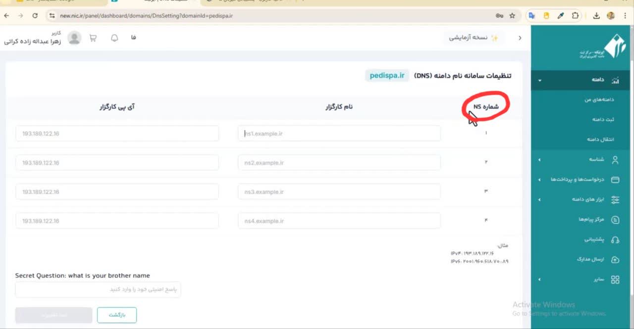 چهار بخش برای وارد کردن NS یا همان Name Server (نیم‌سرور) وجود دارد.